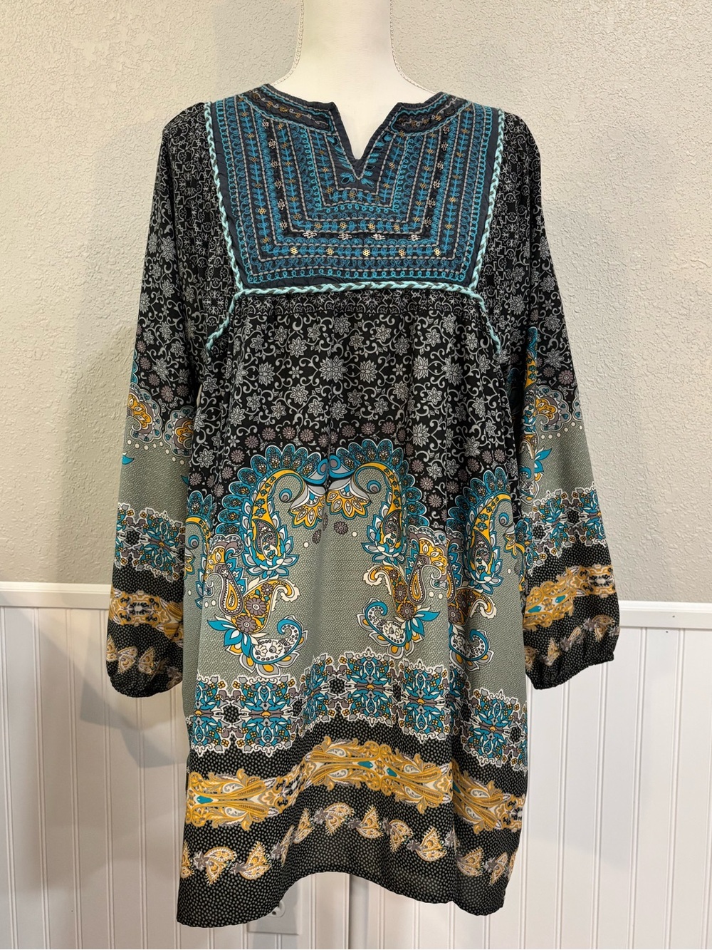 Kaktus Boho Embroidered Sequin Paisley Tunic Blouse Top Black Teal Gold - Large